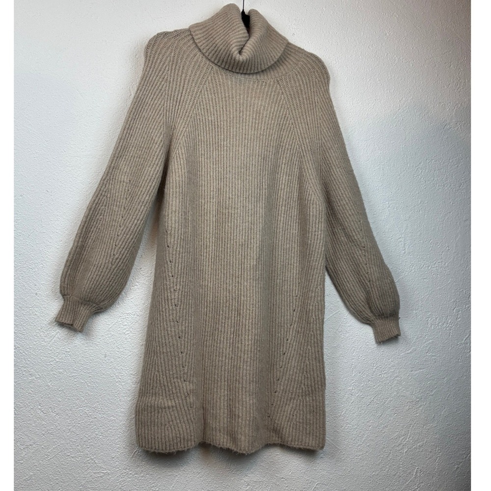 12th Tribe Tan Turtleneck Sweater Dress - M/L - Ribbed Balloon Sleeve Boho Cozy